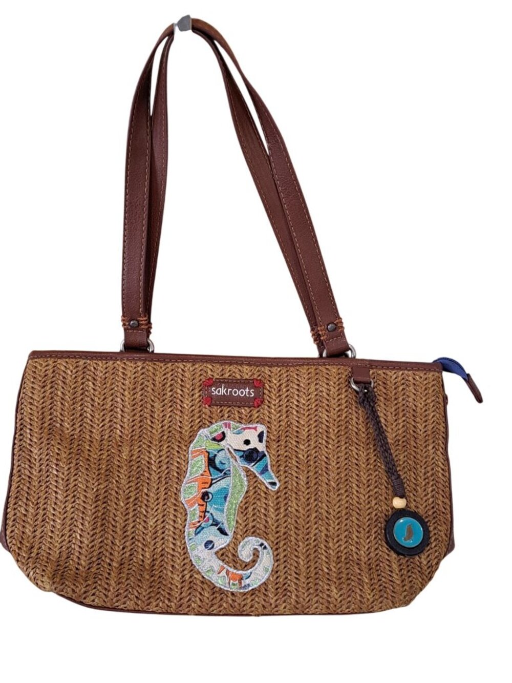 Sakroots Seahorse Raffia Shoulder Bag Purse Embroidered  Boho Coastal Beachy